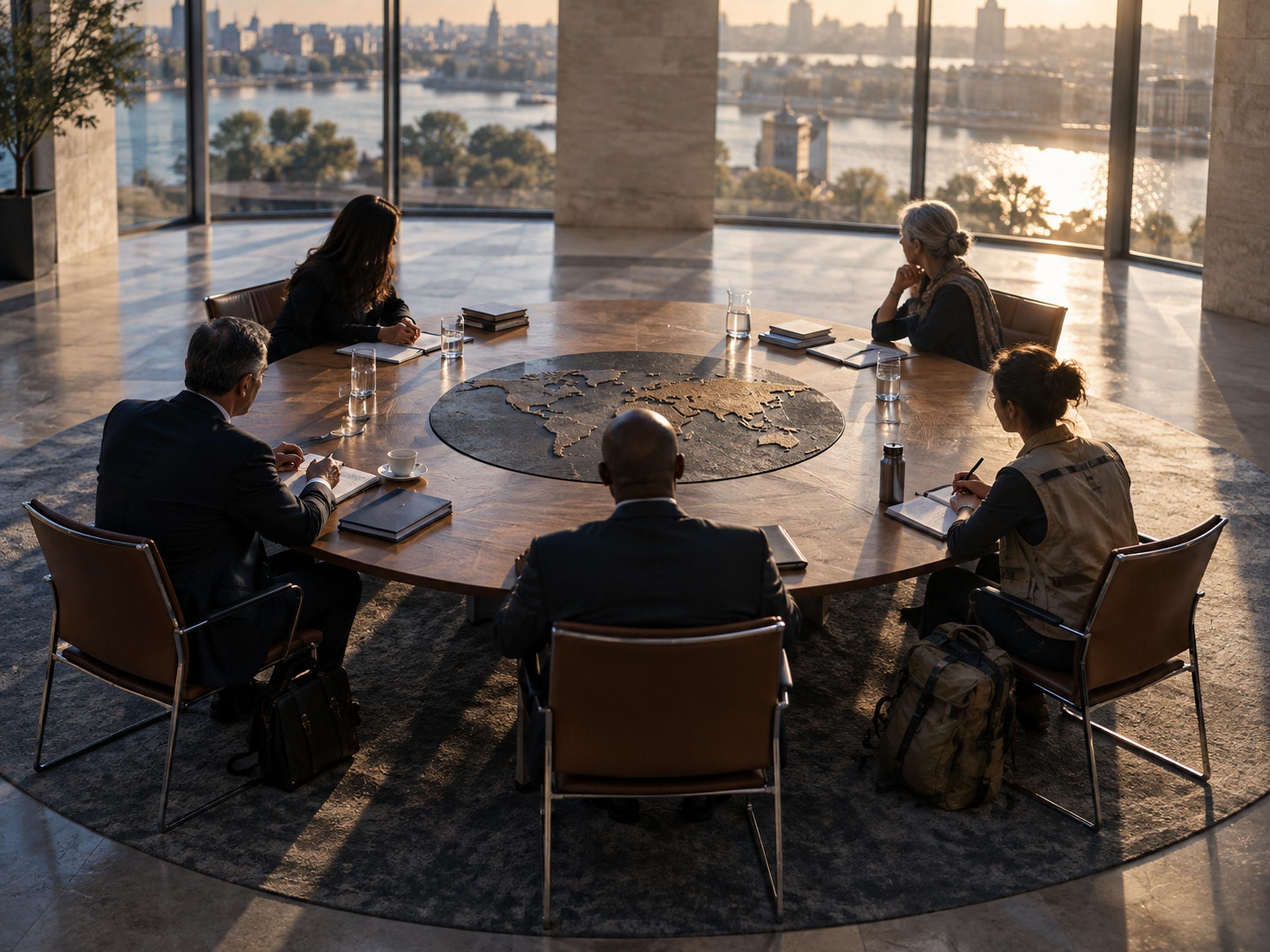 Delegates from many nations seated around a circular table during a multilateral diplomatic council session beneath a glass dome